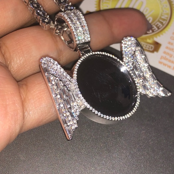 Real diamond tennis chain w custom made angel wing memory pendant only 1 made - Picture 8 of 8